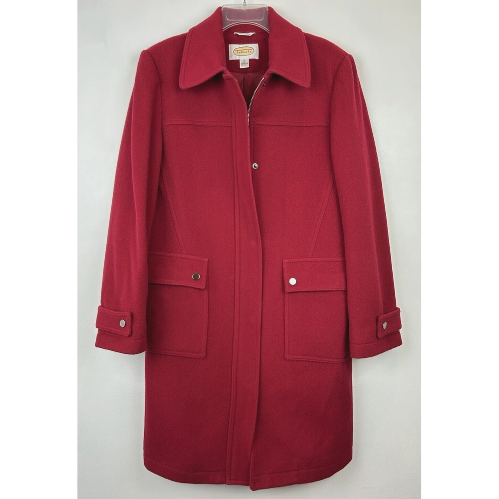 Vintage Talbots Coat Womens 12 Red Italian Wool Long Zip Button Car Collared